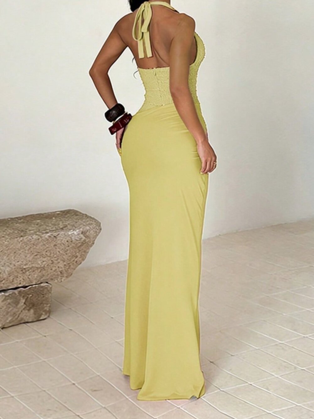 Yellow Casual Women's Waist-Cinching Dress with Halter Neck - Picture 2 of 4